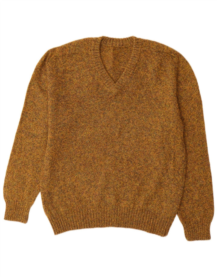 Suéter masculino vintage com decote em V grande lã manchada cáqui