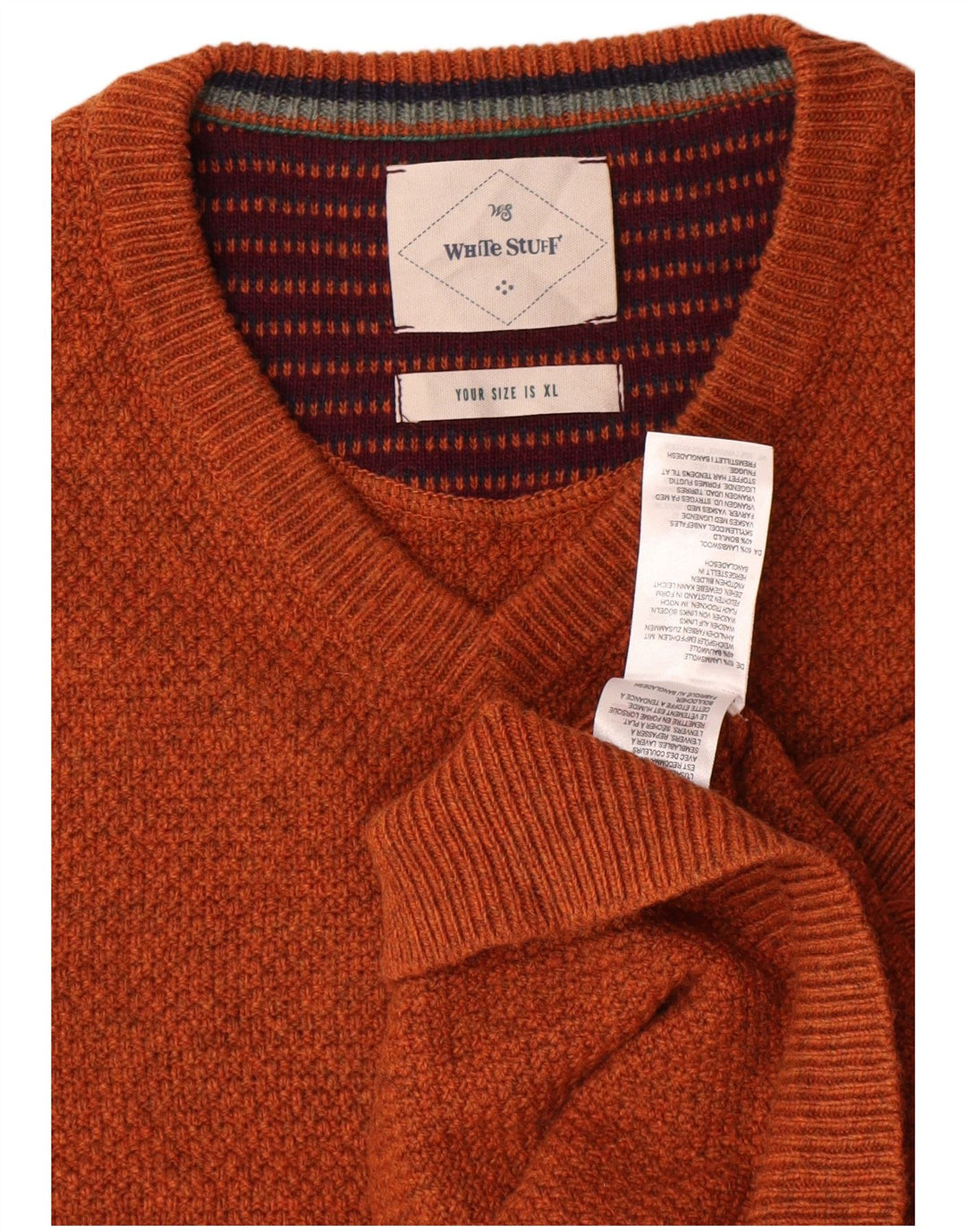 Suéter masculino branco com decote em V XL lã laranja