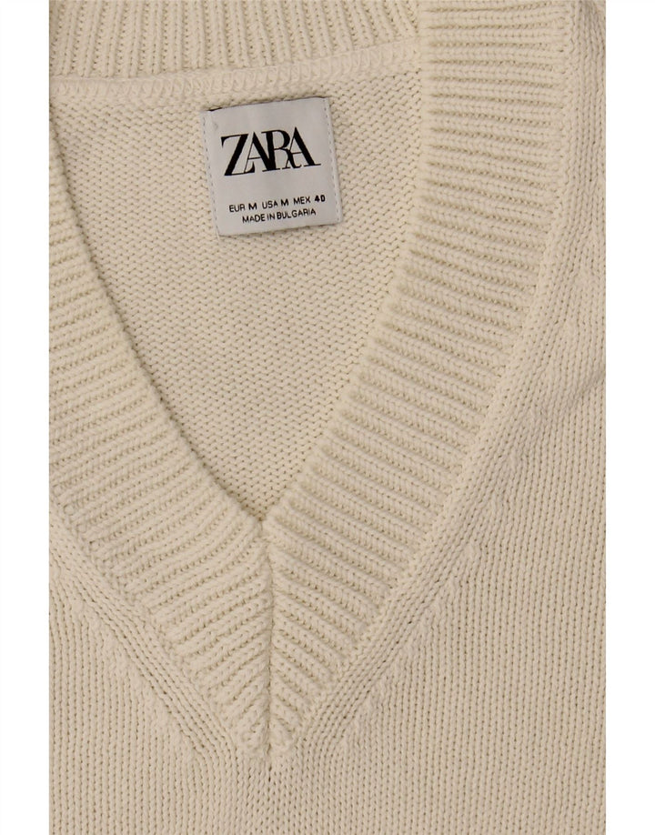 ZARA Mens V-Neck Jumper Sweater Medium White Cotton Vintage Zara and Second-Hand Zara from Messina Hembry 