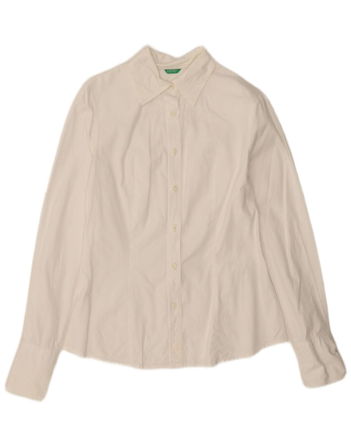 Camisa feminina Benetton UK 10 pequena algodão branco