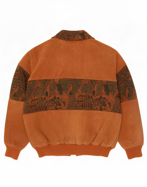 Jaqueta bomber masculina vintage de camurça com ajuste solto Reino Unido 36 pequena geométrica bege