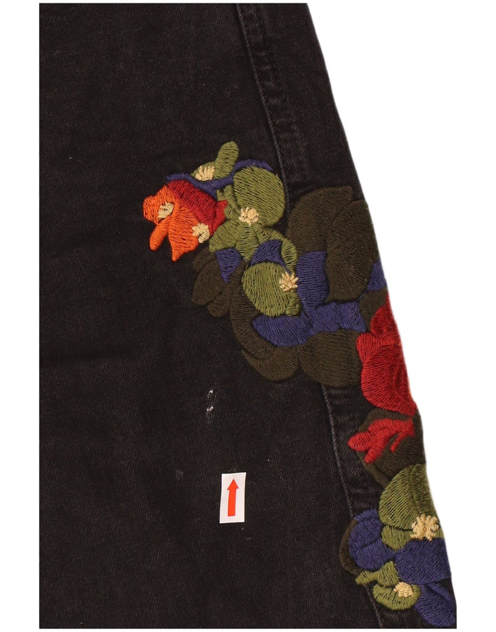 Zara Shorts jeans feminino gráfico UE 38 pequeno W28 preto floral boêmio