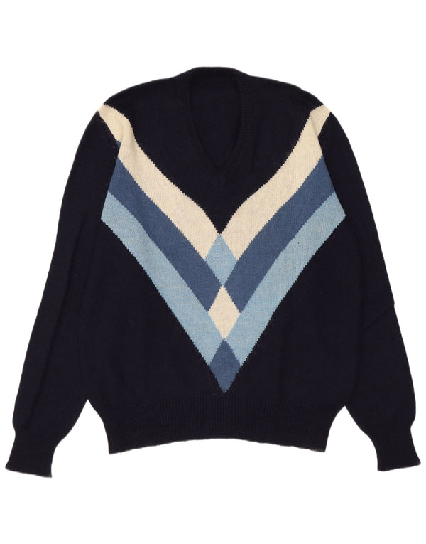 Suéter masculino vintage com decote em V grande azul marinho colorblock lã de alpaca