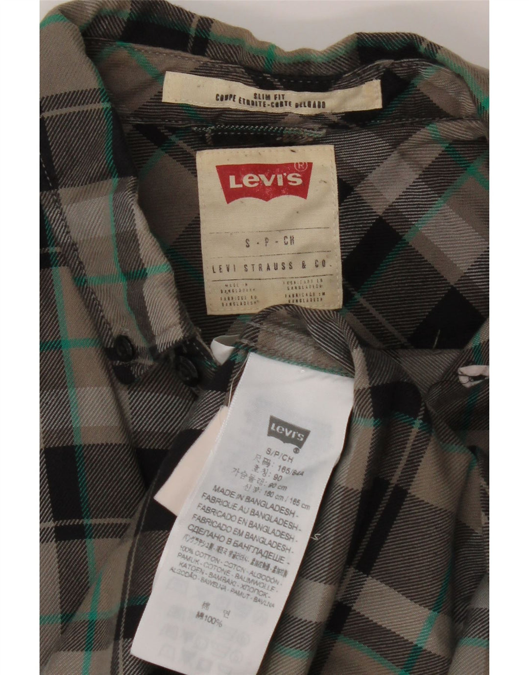 Camisa masculina de flanela Levi's Slim Fit pequena cinza xadrez algodão