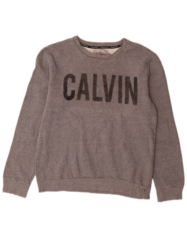 Calvin Klein Jeans Masculino moletom gráfico jumper grande algodão manchado cinza