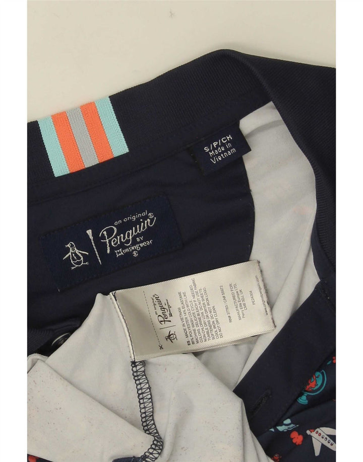 Camisa polo masculina gráfica Penguin pequena azul marinho poliéster