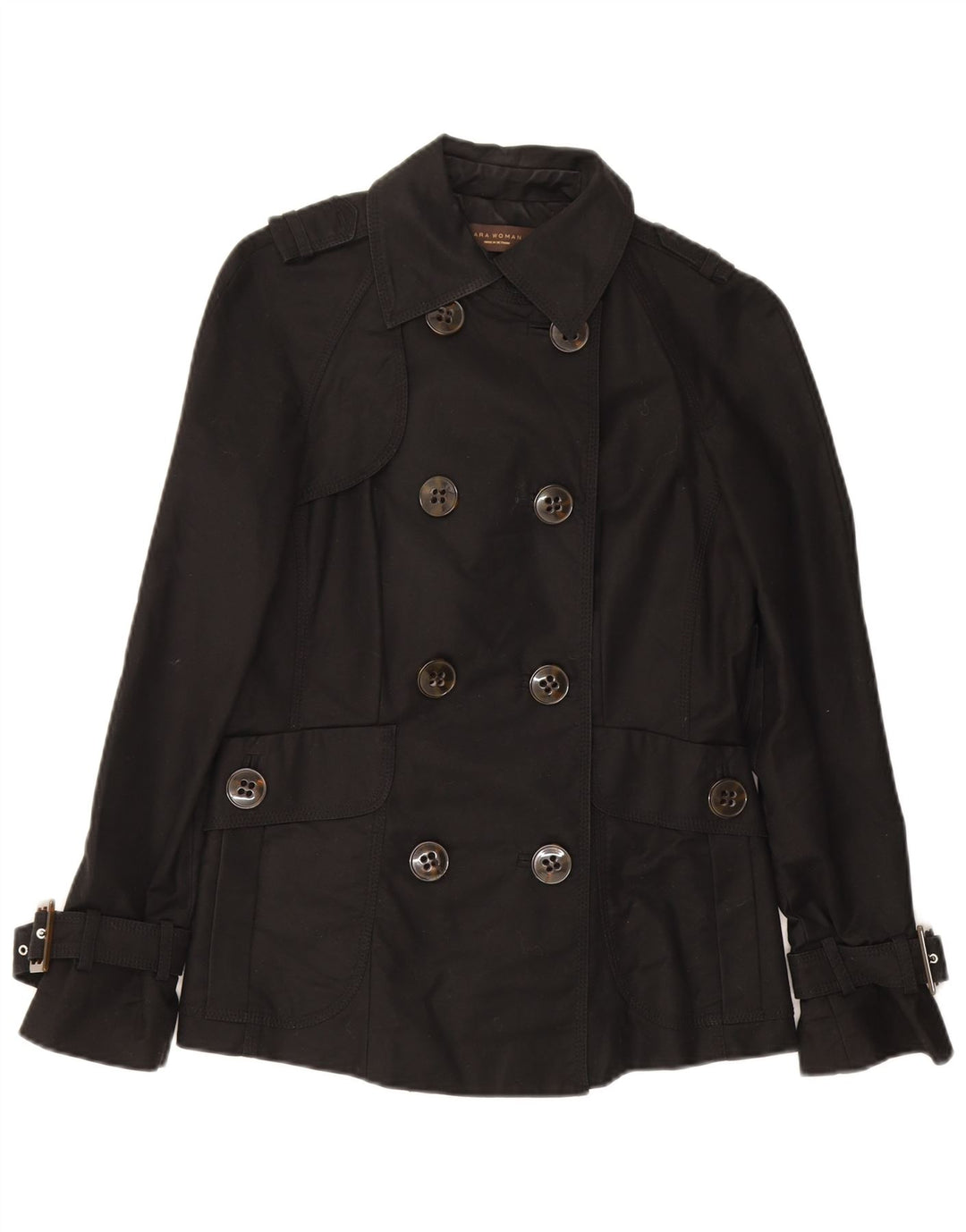 Zara Womens Trench Coat UK 10 Pequeno Algodão Preto