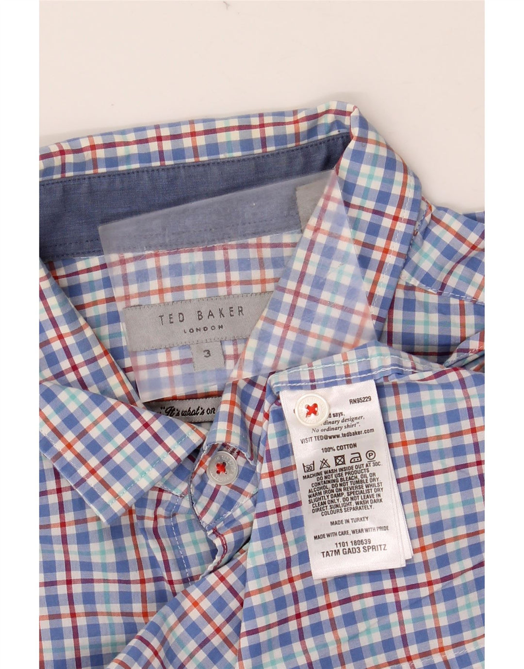 Camisa masculina de manga curta TED BAKER tamanho 3 algodão xadrez azul médio