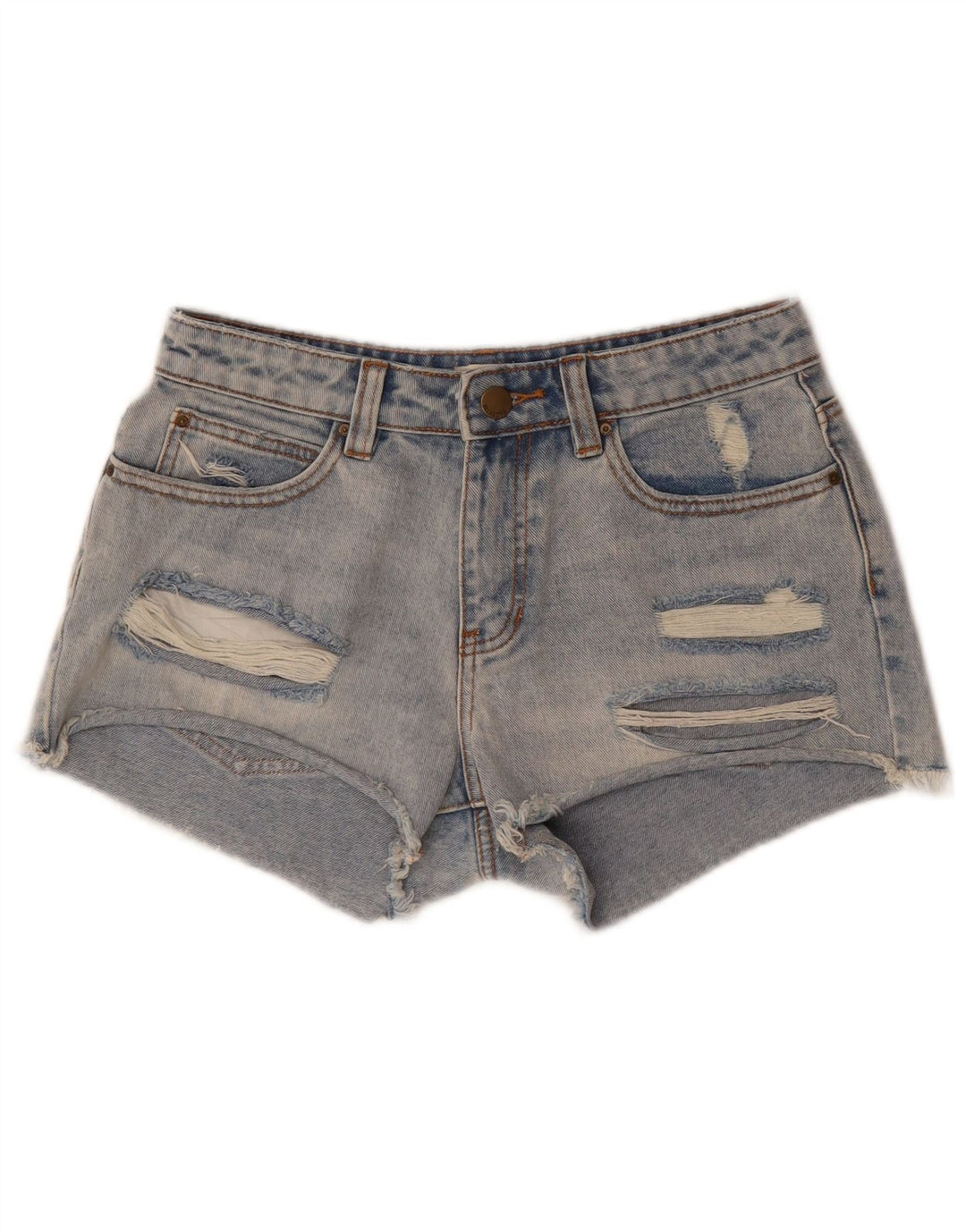 Shorts jeans feminino Billabong desgastado W26 pequeno algodão azul