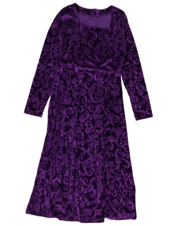 Vestido maxi de veludo feminino vintage Reino Unido 14 grande poliéster floral roxo