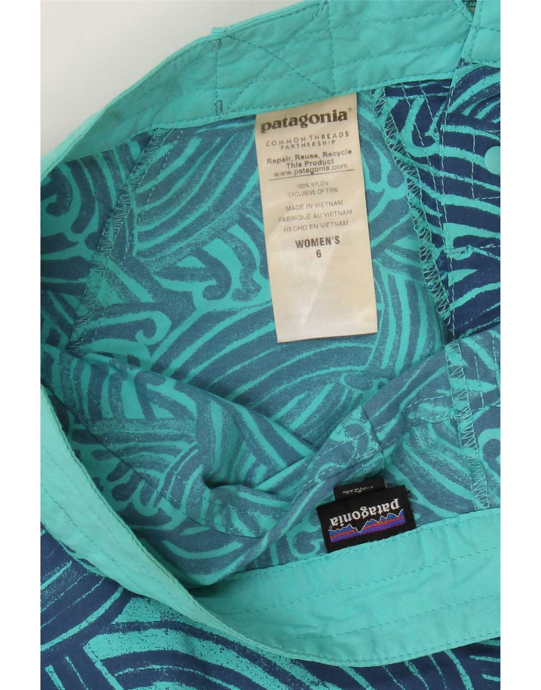 Shorts de banho feminino Patagonia com padrão abstrato US 6 nylon azul médio