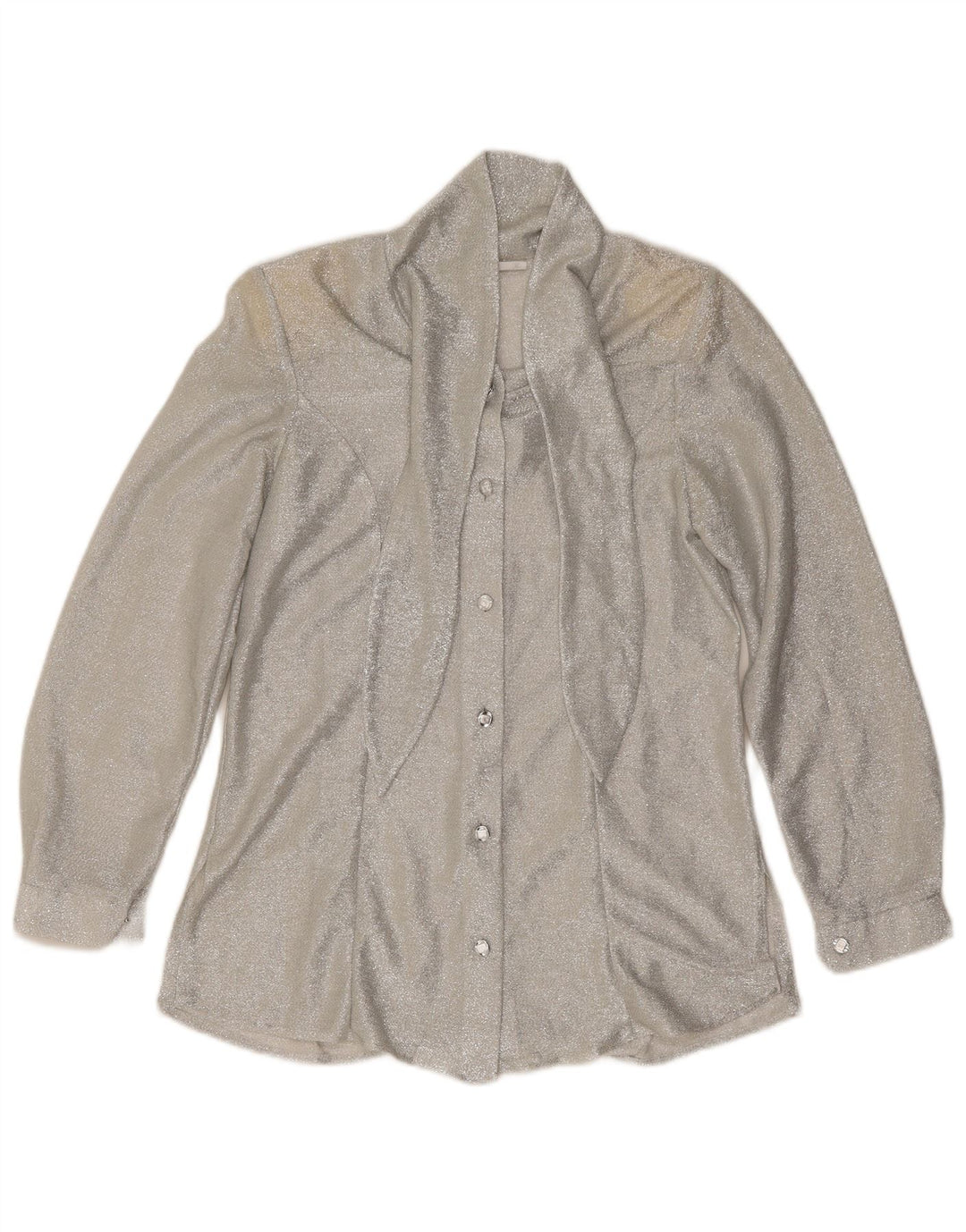 Blusa feminina vintage com gravata frontal Reino Unido 12 médio prateado salpicado