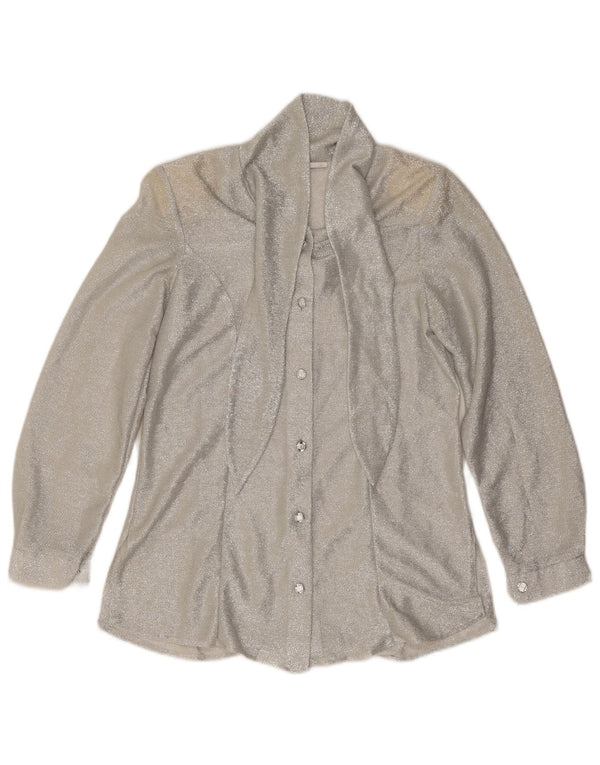 Blusa feminina vintage com gravata frontal Reino Unido 12 médio prateado salpicado