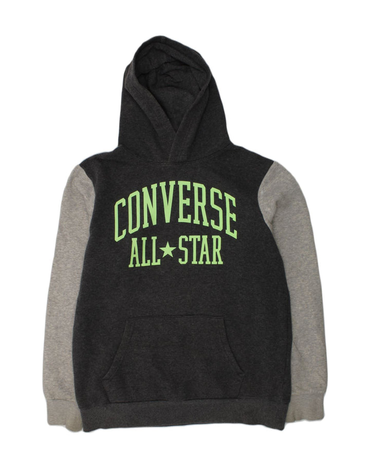 CONVERSE Boys Graphic Hoodie Jumper 13-14 Years XL Grey Colourblock Cotton | Vintage Converse | Thrift | Second-Hand Converse | Used Clothing | Messina Hembry 