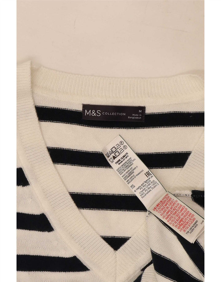 Suéter feminino Marks & Spencer com decote em V UK 14 listrado branco médio