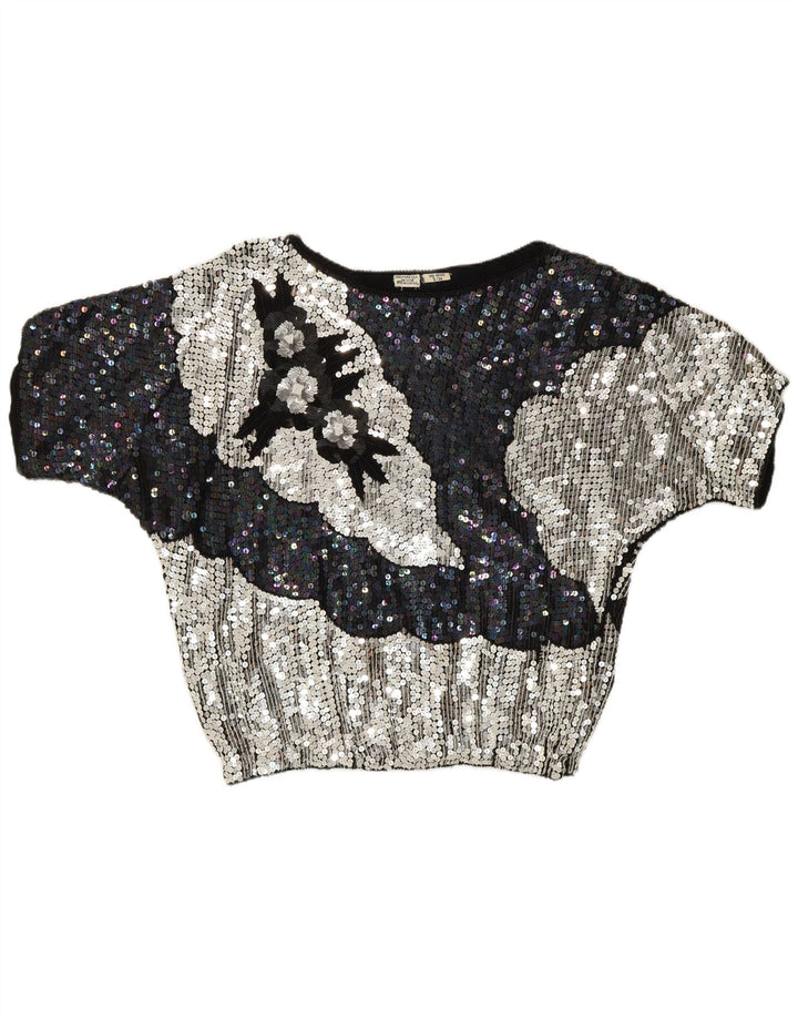 Blusa feminina vintage de lantejoulas para noite UK 10 pequena multicolorida