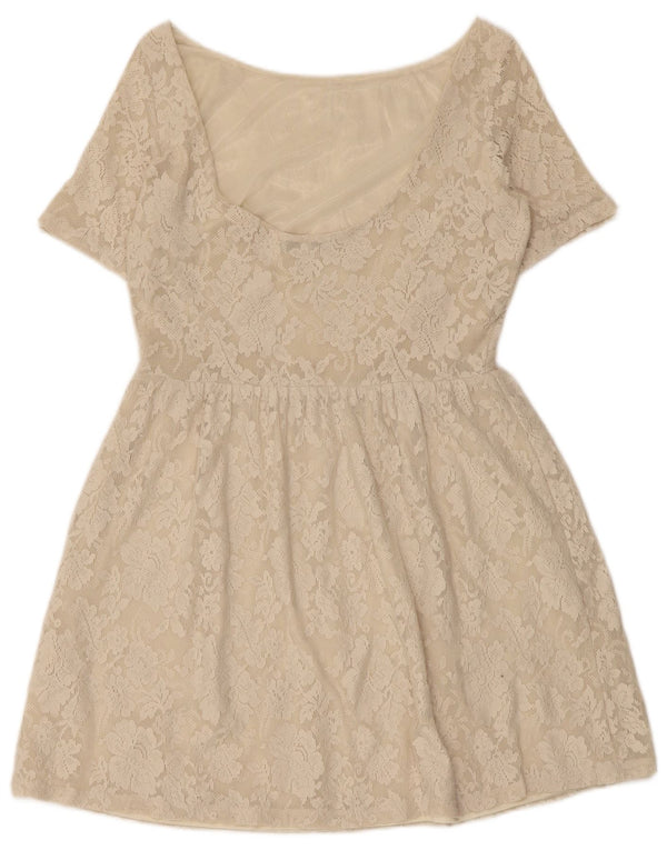 Vestido feminino Zara de renda evasê UK 12 poliamida floral bege médio