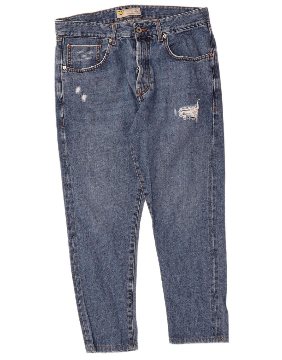 POP 84 Calça jeans masculina slim desgastada W33 L26 algodão azul