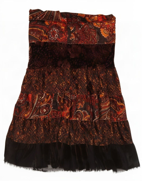 Saia vintage feminina evasê UK 12 médio W30 marrom paisley poliéster