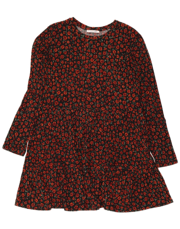 Vestido feminino Zara de manga comprida em camadas UK 12 médio preto floral