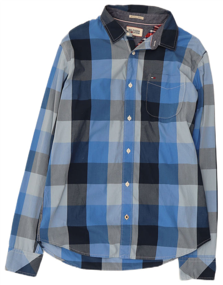 Camisa masculina TOMMY HILFIGER de algodão xadrez azul médio