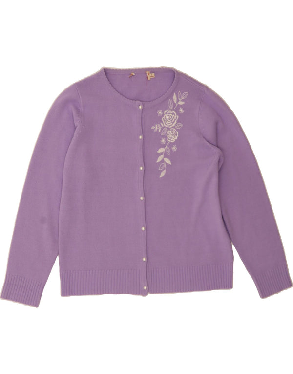 Suéter cardigã feminino VINTAGE Reino Unido 16 grande acrílico floral roxo