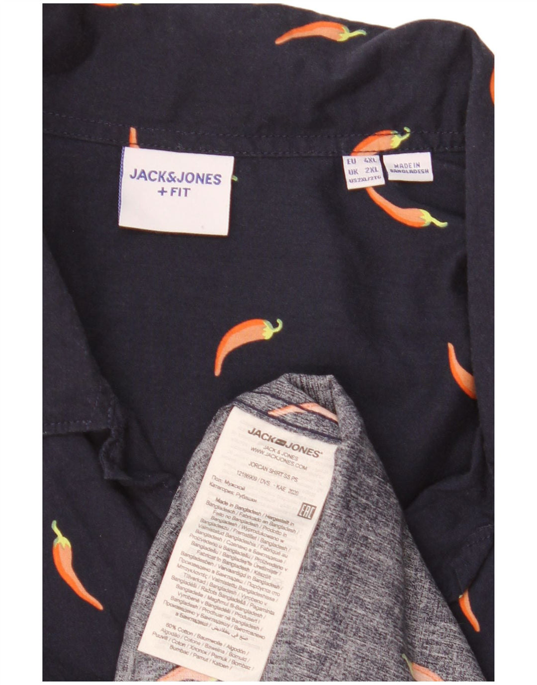 Camisa masculina de manga curta com padrão abstrato Jack & Jones 2XL algodão azul marinho