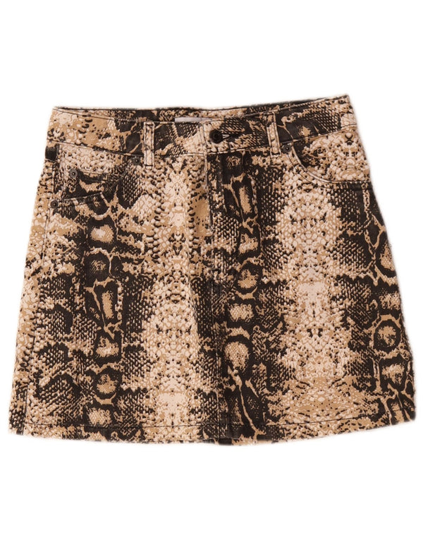 Mini saia jeans feminina Topshop Reino Unido 8 pequena W28 algodão bege com estampa animal