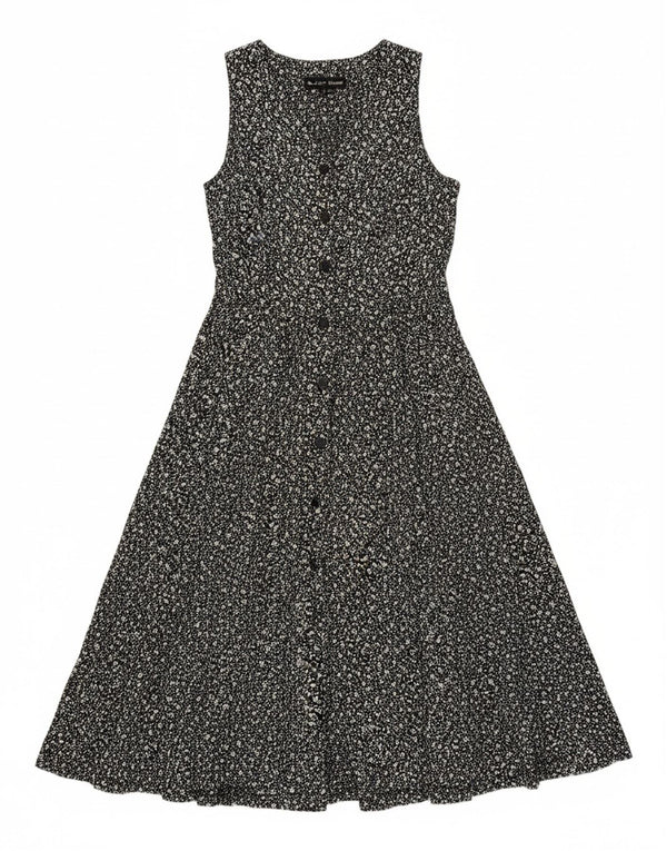 Vestido camisa feminino sem mangas VINTAGE Reino Unido 12 viscose floral preto médio