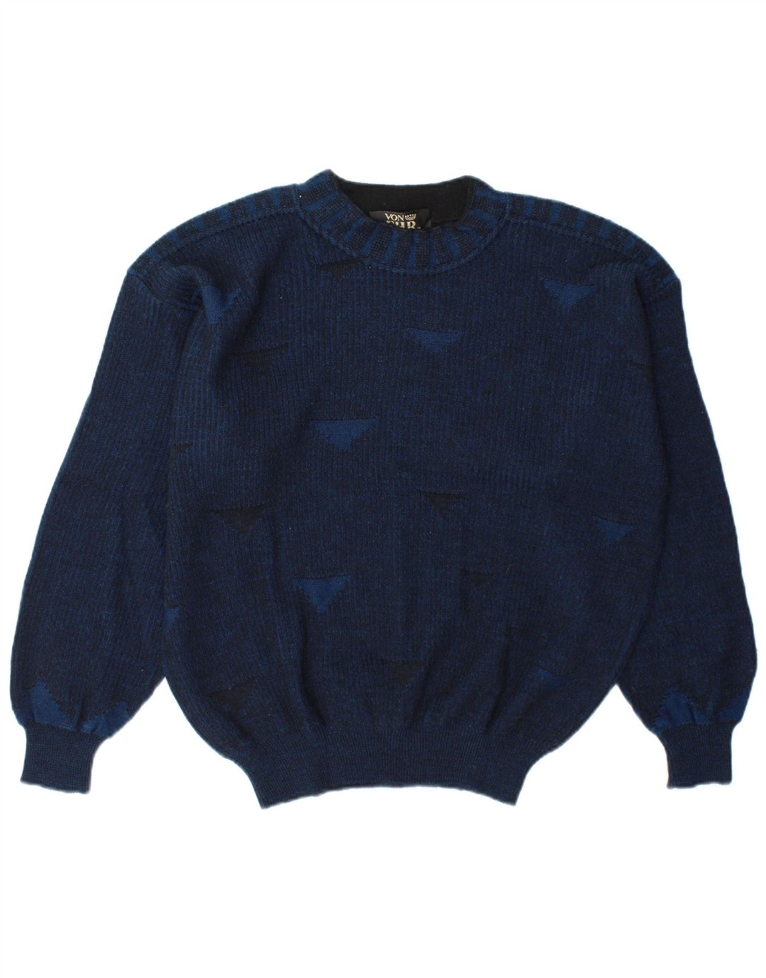 Suéter vintage masculino com gola redonda grande azul marinho geométrico