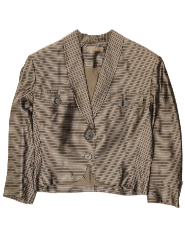 Jaqueta blazer vintage feminina colheita 2 botões UE 38 seda listrada cinza médio
