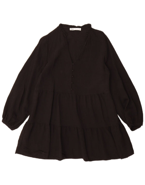 Vestido feminino Zara de manga comprida em camadas UK 10 pequeno preto viscose
