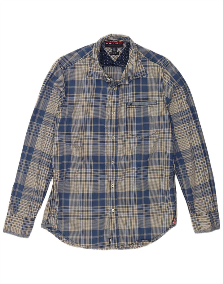 Camisa masculina TOMMY HILFIGER Custom Fit pequena de algodão xadrez azul