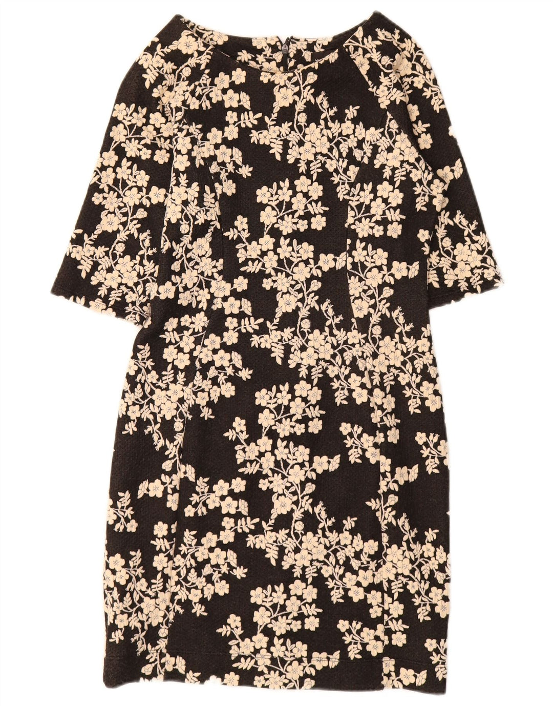 WAREHOUSE Vestido feminino manga 3/4 com bainha Reino Unido 12 algodão floral preto médio