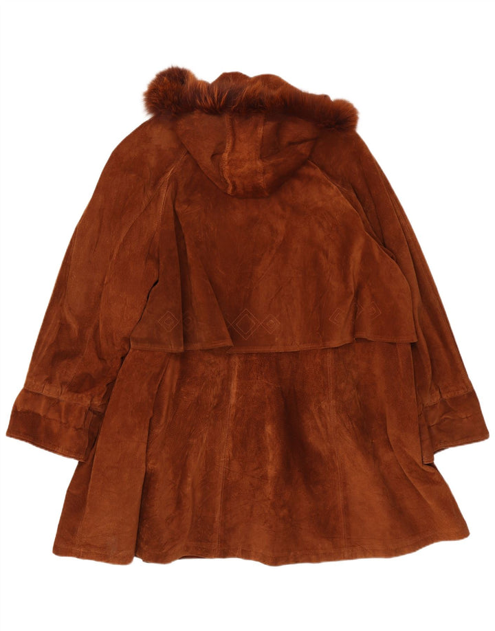 Sobretudo feminino vintage de camurça com capuz grande IT 44 couro marrom médio