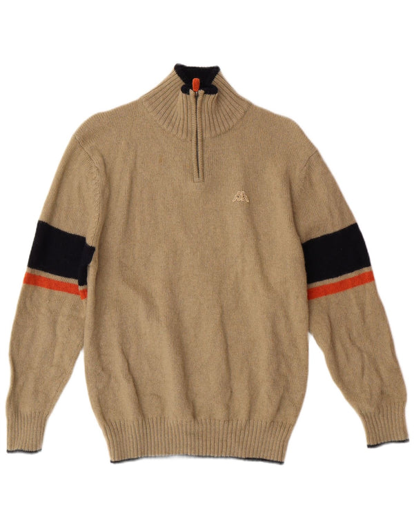 Suéter feminino Kappa com zíper e gola em lã listrada bege médio clássico