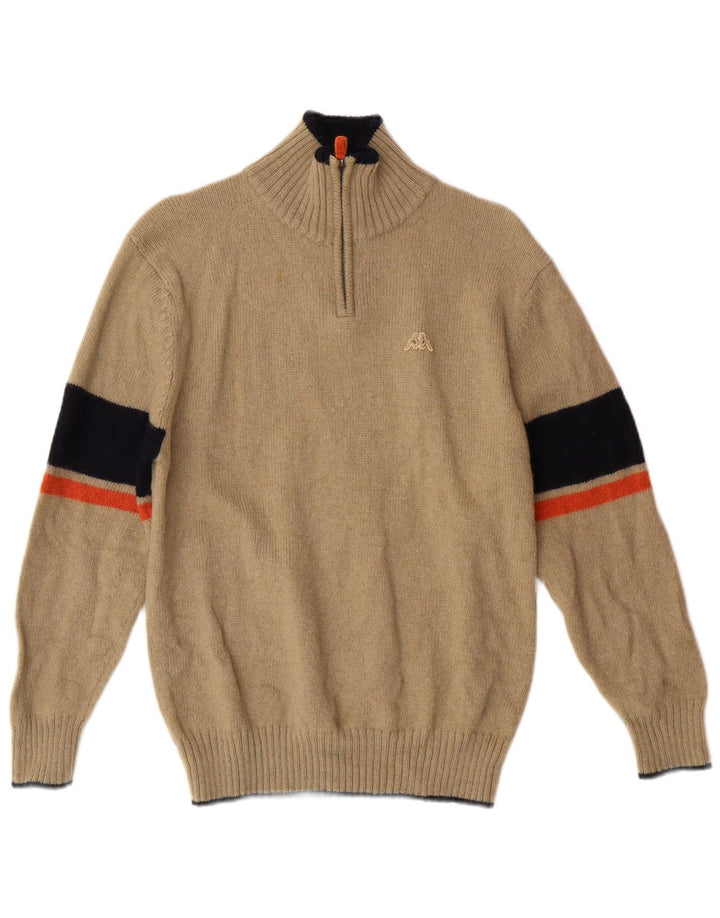 Suéter feminino Kappa com zíper e gola em lã listrada bege médio clássico