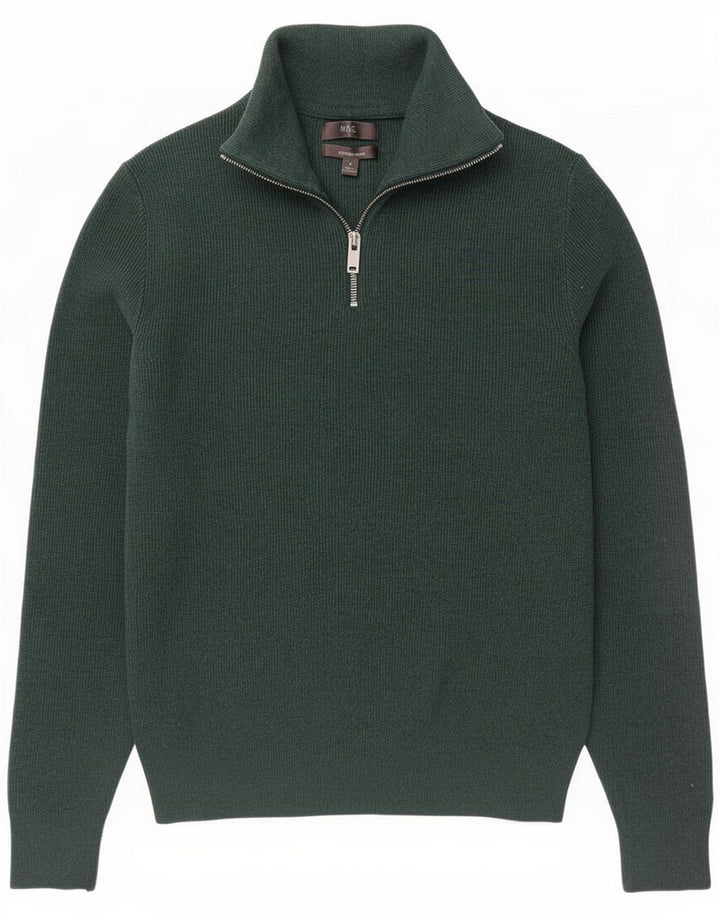 Suéter masculino Marks & Spencer com zíper e gola em algodão verde médio