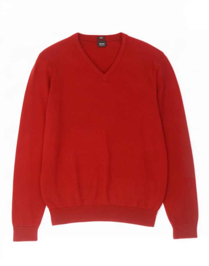 Hugo Boss Suéter masculino regular com decote em V, bloco colorido vermelho médio