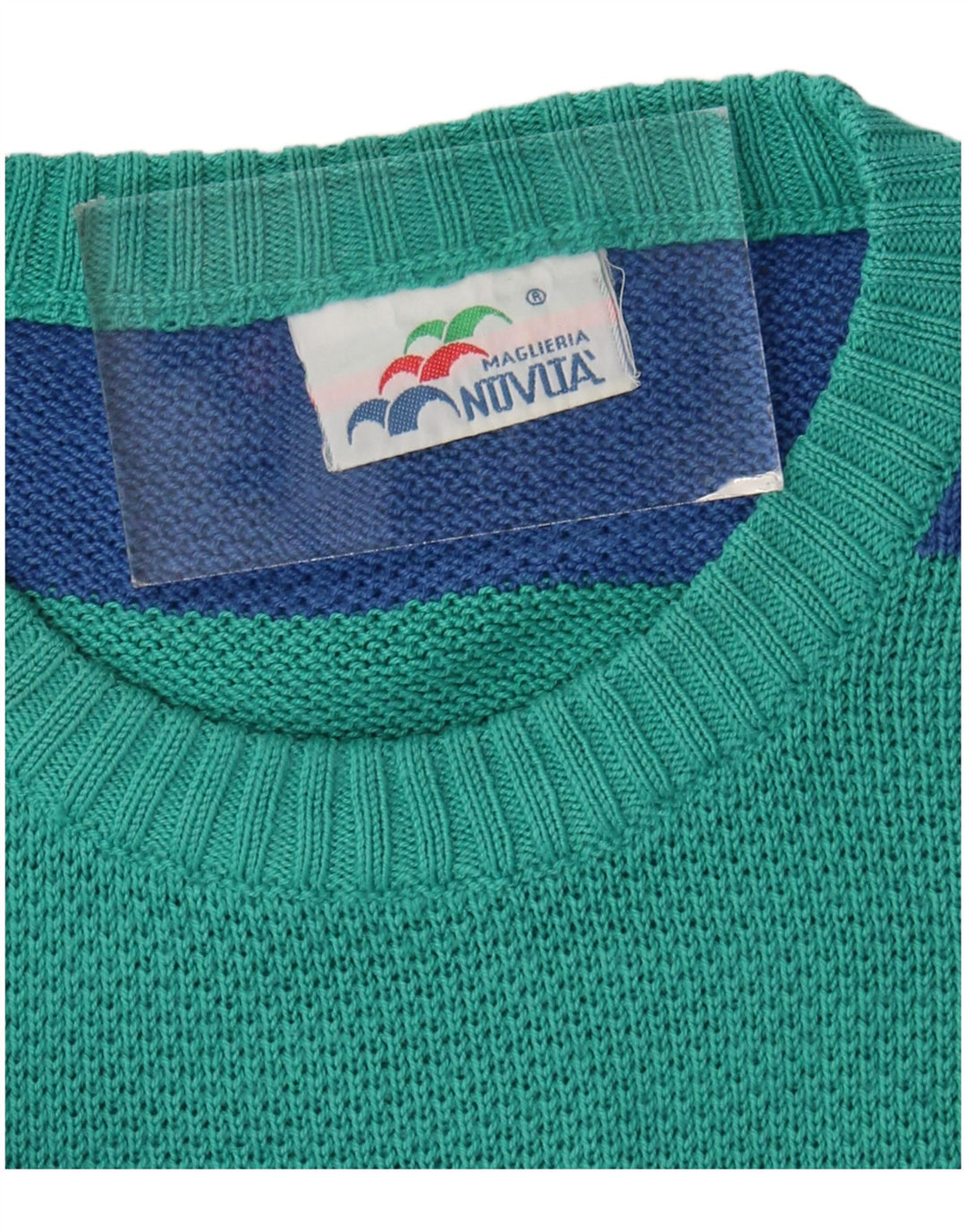 Suéter vintage masculino com gola redonda grande listrado azul