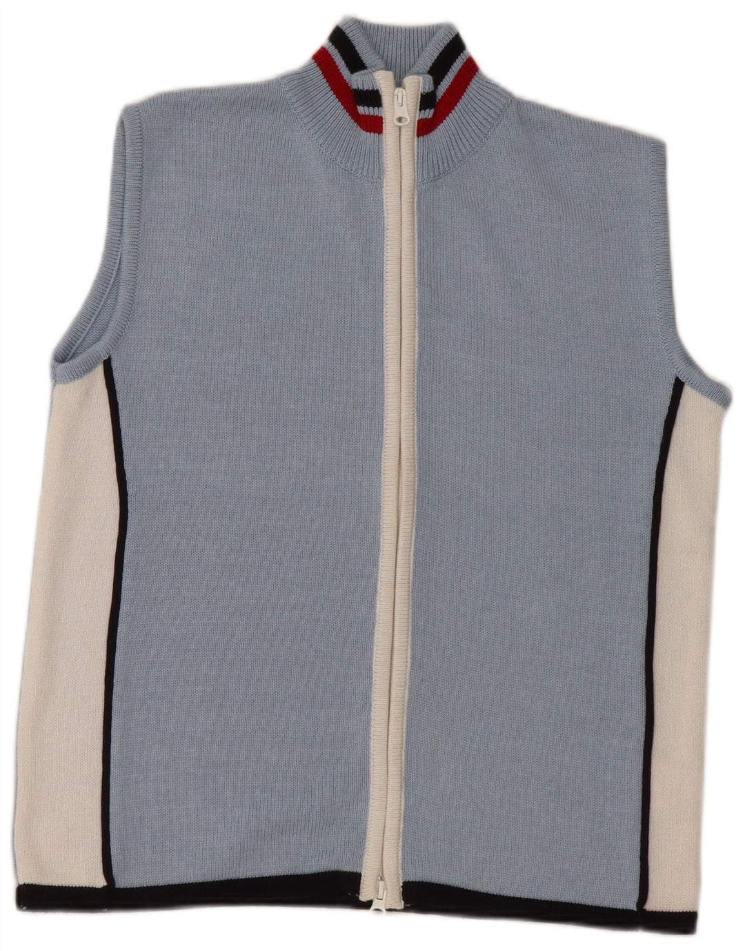 Suéter cardigã feminino sem mangas VINTAGE Reino Unido 16 grande bloco colorido azul