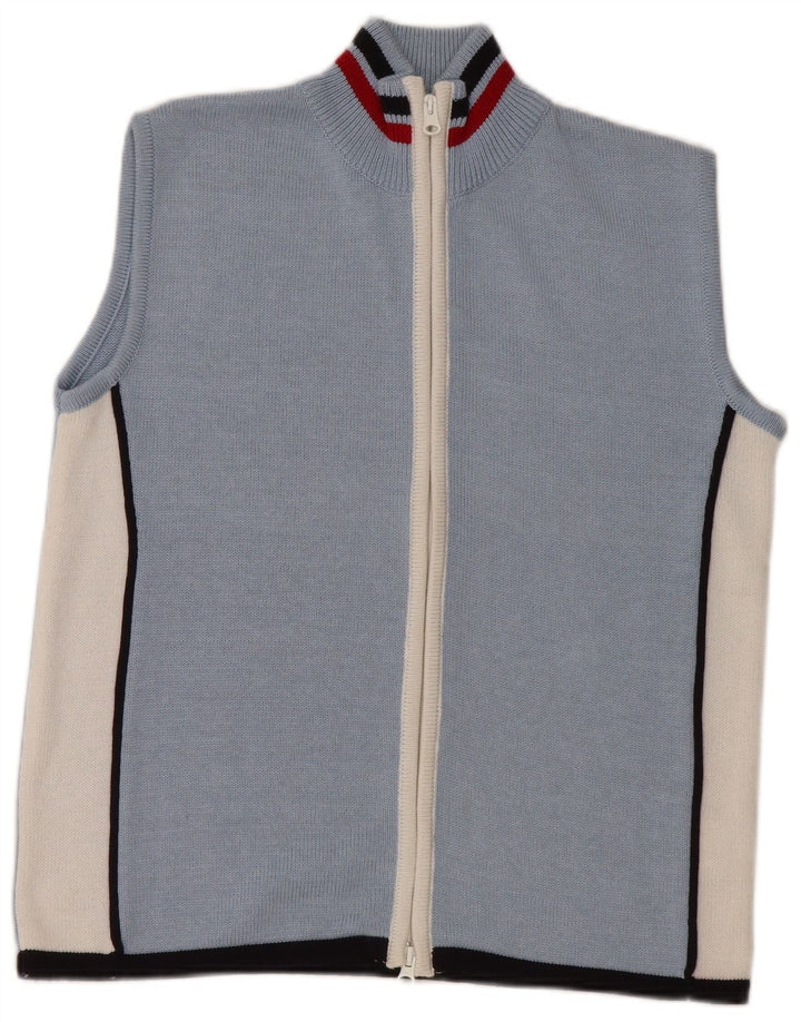 Suéter cardigã feminino sem mangas VINTAGE Reino Unido 16 grande bloco colorido azul