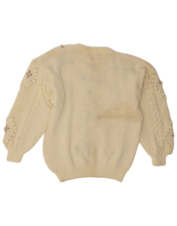 Suéter feminino vintage com gola redonda UK 18 XL branco floral