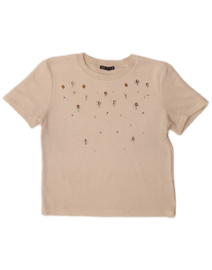 Camiseta feminina Zara Top UK 12 Médio Bege