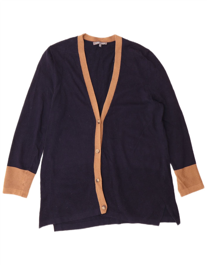 Suéter cardigã feminino Laura Ashley Reino Unido 14 grande algodão azul marinho