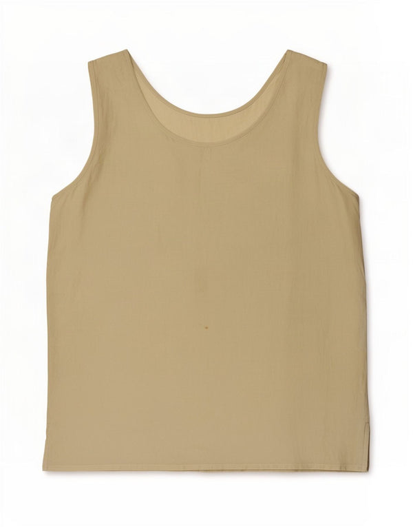 Blusa feminina vintage sem mangas UK 14 seda cáqui média