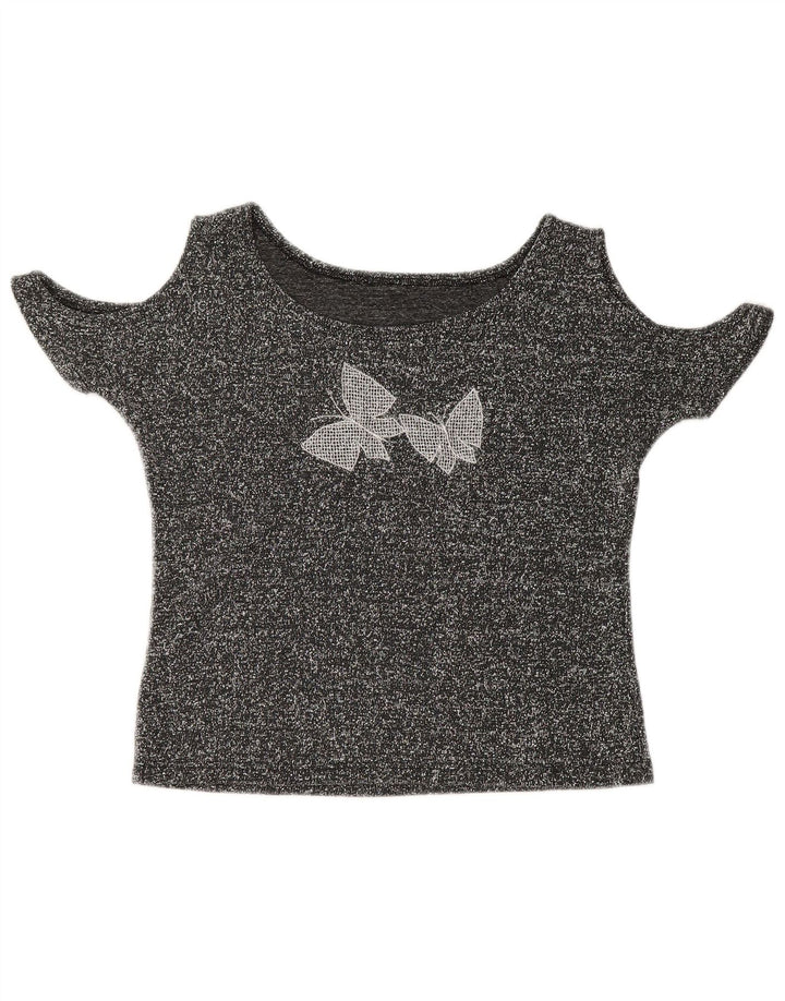 Top feminino VINTAGE com ombro de fora UK 12 borboleta manchada cinza médio