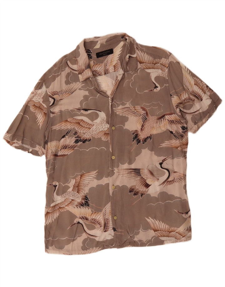 Camisa masculina de manga curta All Saints cinza médio com estampa animal viscose pássaro
