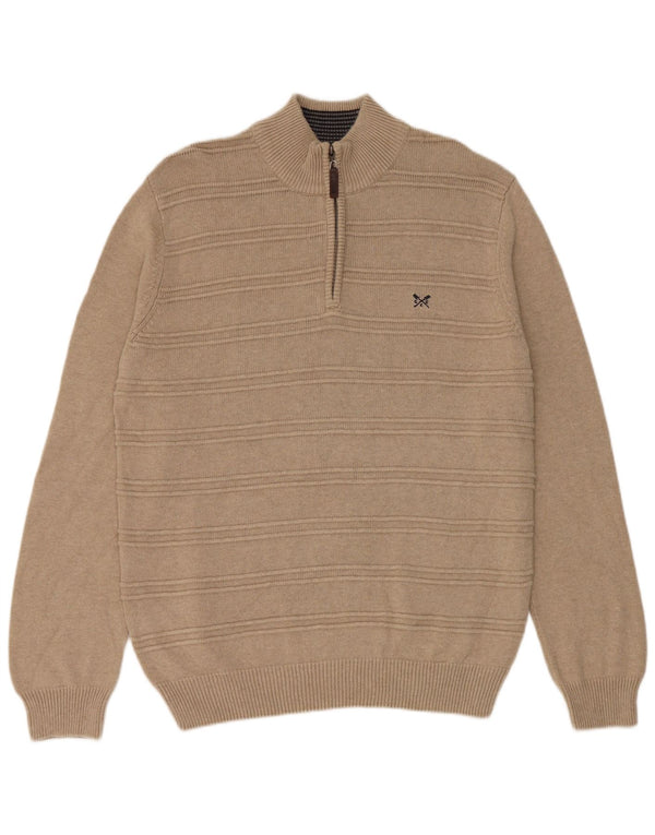 Crew Clothing Mens Regular Fit Zip Neck Jumper Suéter Médio Algodão Bege