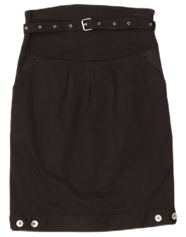 Saia reta feminina Moschino UK 8 pequena W28 algodão preto